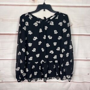 LOFT Top Women M Black Floral Blouse Chiffon Peplum Long Sleeve Tie Back Relaxed